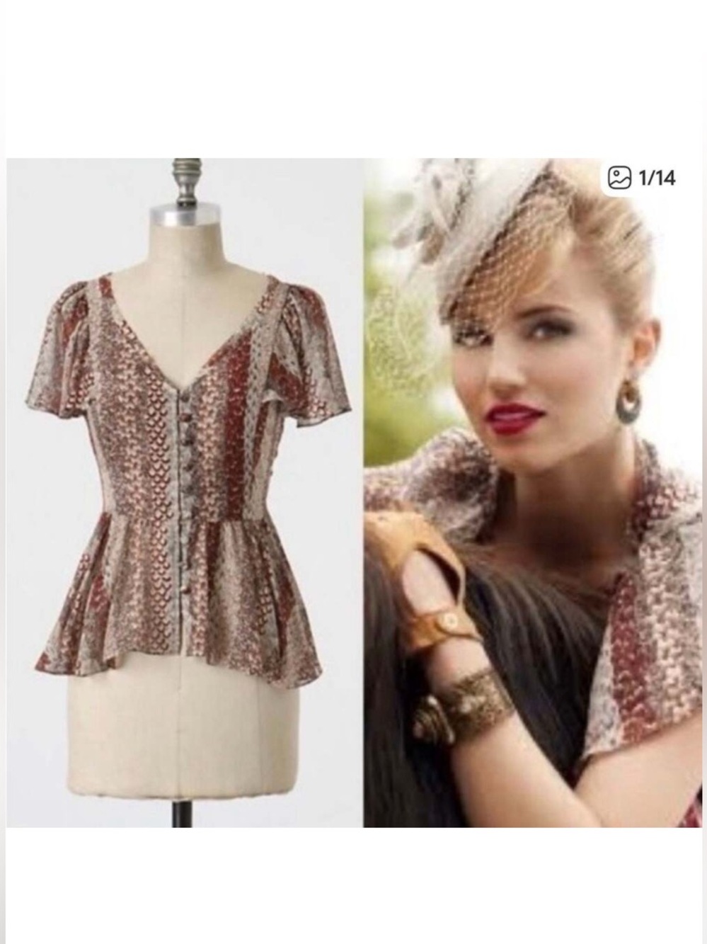 Anthropologie Odille Silk Feather Print Peplum Blouse